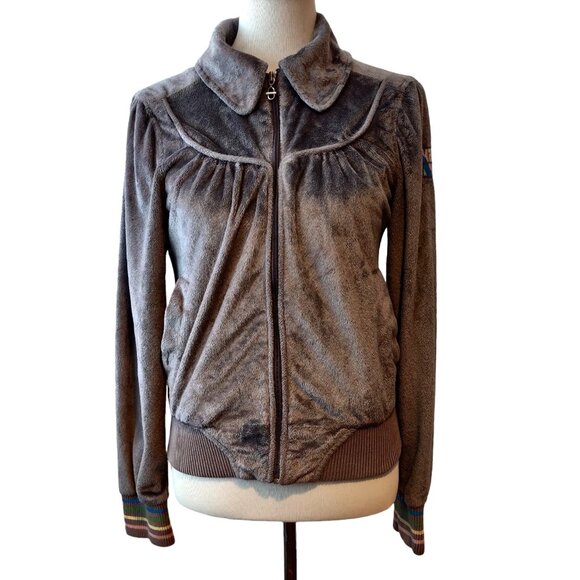 KanaBeach Circus Size 38 (S) Womens Gray Fuzzy Full Zip Embroidered Patch Jacket - Picture 1 of 12